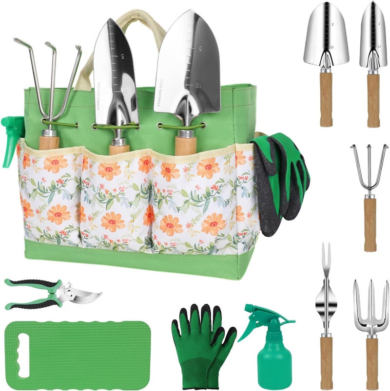 LeMotech Gardening Tools, 10-Piece Heavy Duty Garden Hand Tools Set with Wooden Handle, Durable Fashion Organizer Bag for Garden Supplies, Gardening Gifts for Women Grandmother, Yellow Floral Pattern - Image 1
